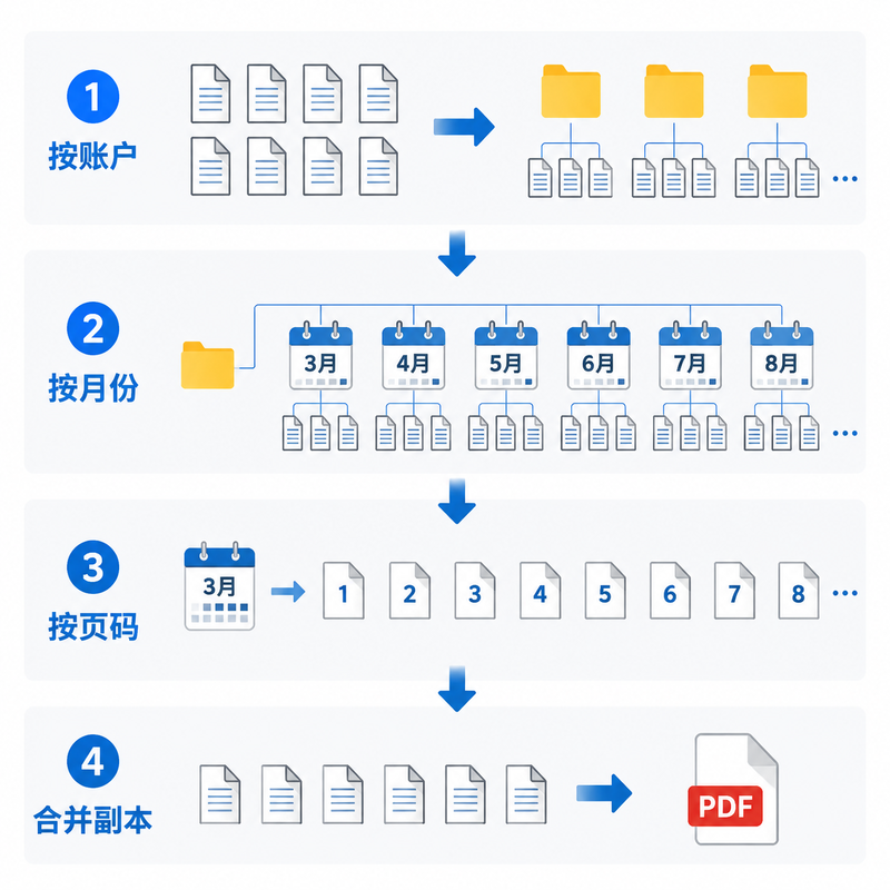 银行流水按账户、月份和页码排序后合并