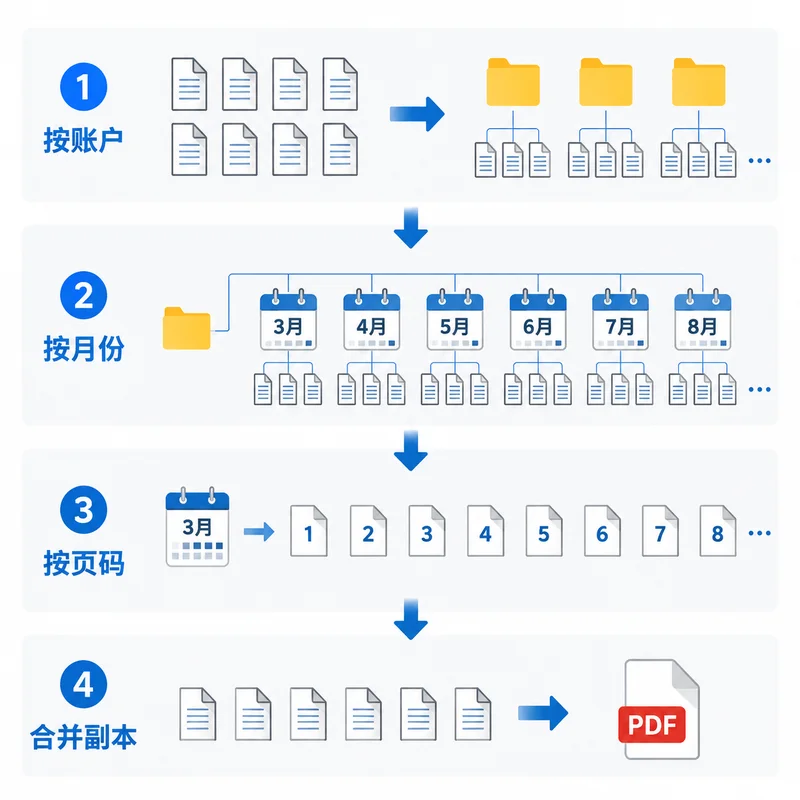 银行流水按账户、月份和页码排序后合并