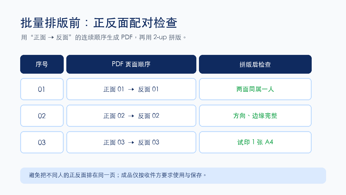 身份证正反面配对、PDF页面顺序与试印检查清单