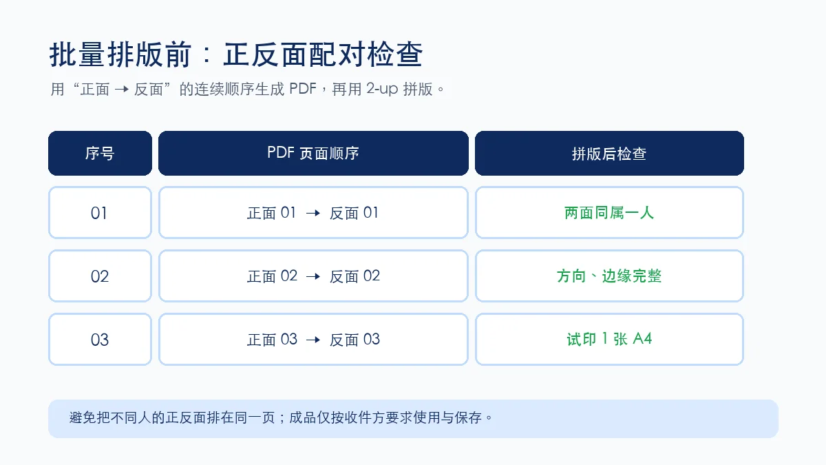 身份证正反面配对、PDF页面顺序与试印检查清单