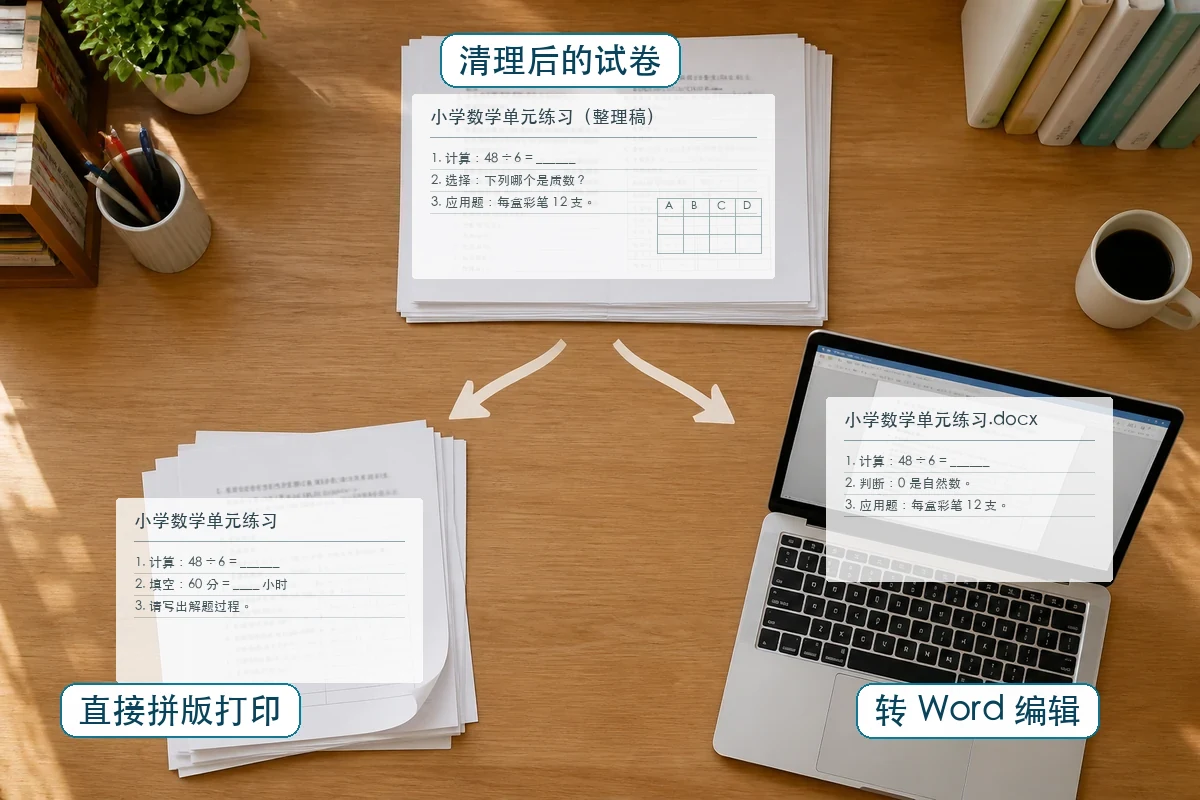 去手写后按“直接打印”或“转 Word 编辑”分流的示意图