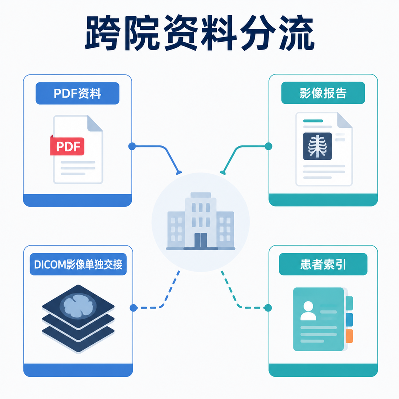 跨院就诊资料中PDF报告、DICOM影像和患者索引的分流关系