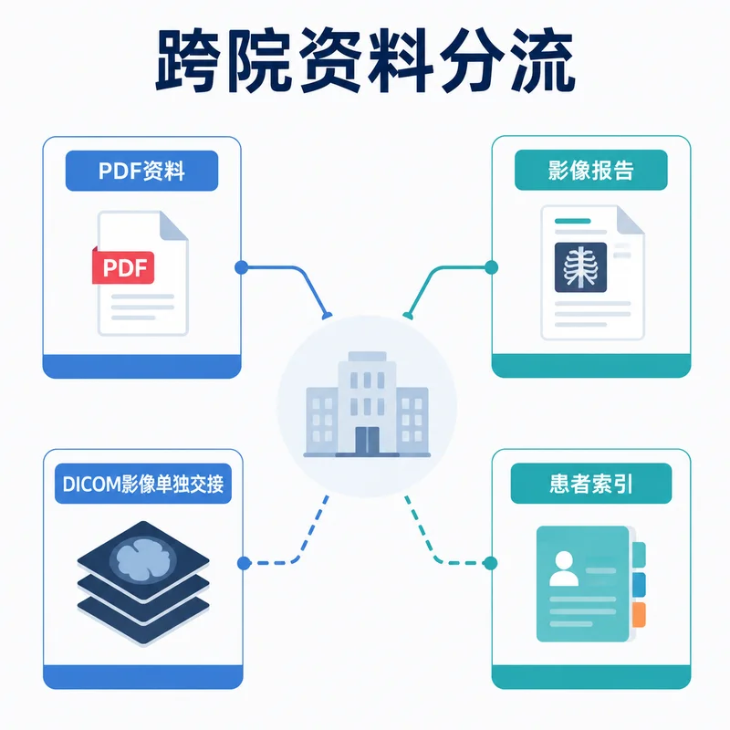跨院就诊资料中PDF报告、DICOM影像和患者索引的分流关系