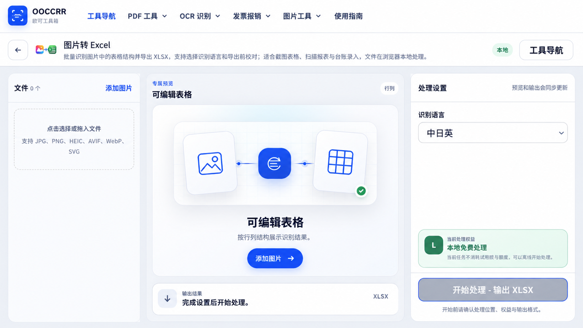 OOCCRR 图片转 Excel 真实批量工作台界面
