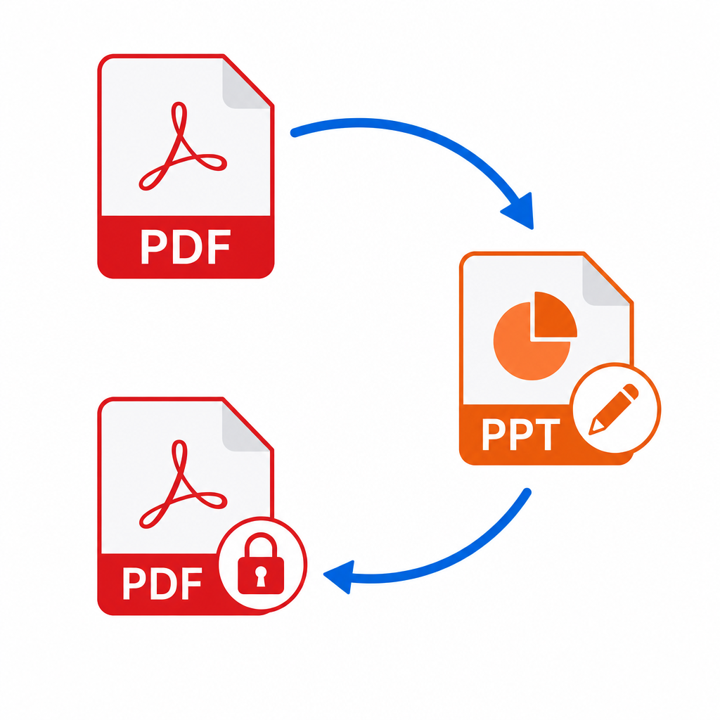 PDF→PPTX→PDF双向转换闭环:PDF转PPT编辑后转回PDF的工作流示意