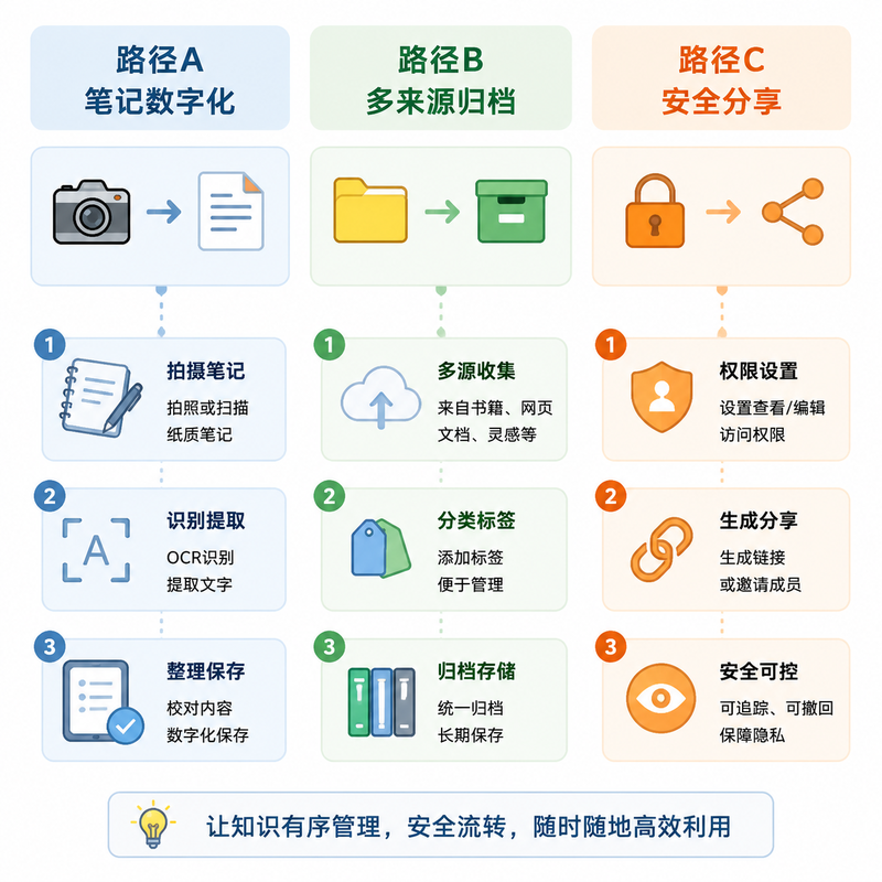 复习资料整理三路径对比：笔记数字化、多来源归档、安全分享
