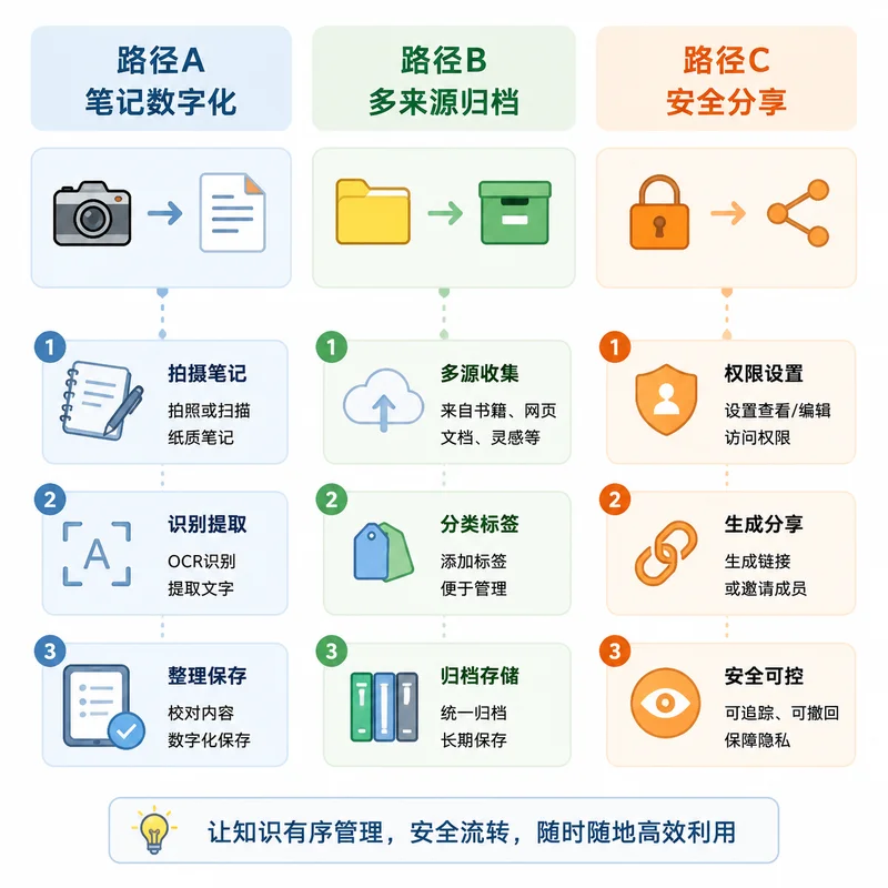复习资料整理三路径对比：笔记数字化、多来源归档、安全分享