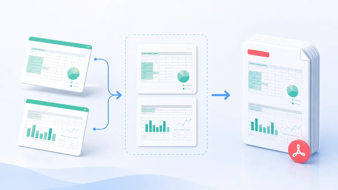 Excel 转 PDF:Excel 转 PDF操作示意:确认源文件打印区域与分页,检查跨页表格、隐藏工作表与公式显示值后导出PDF