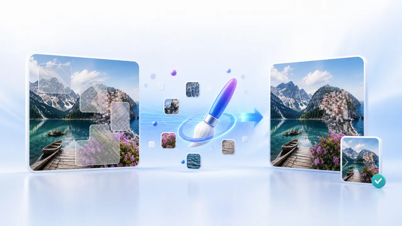 图片去水印:图片去水印操作示意:确认批量队列与原图/结果对比,检查人物、纹理、大面积遮挡与生成痕迹后导出JPG
