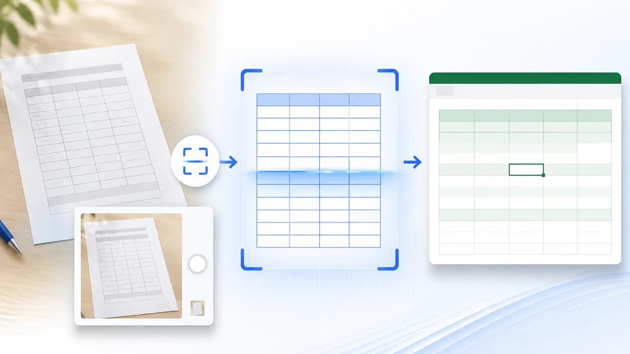 图片转 Excel:图片转表格操作示意:确认识别语言与表格结构,检查合并单元格、复杂表头与数字格式后导出XLSX