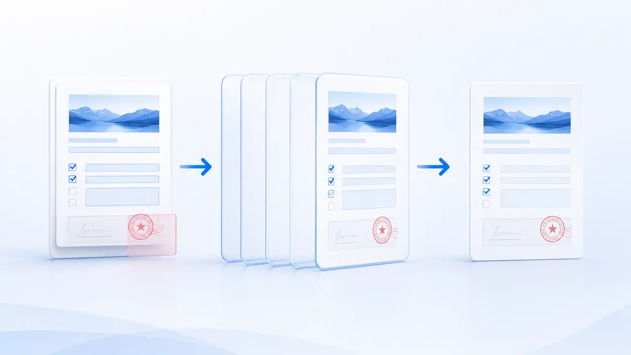 PDF 表单扁平化:PDF 表单扁平化操作示意:确认字段检测与不可逆确认,检查字段内容、签名状态与可编辑原件后导出PDF