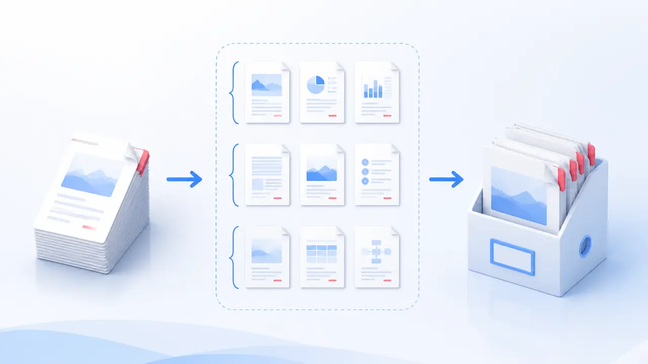 PDF 拆分:PDF 拆分操作示意:确认批次共享拆分规则与逐文件页数,检查逐文件页数、规则越界、异常文件与目录命名后导出ZIP