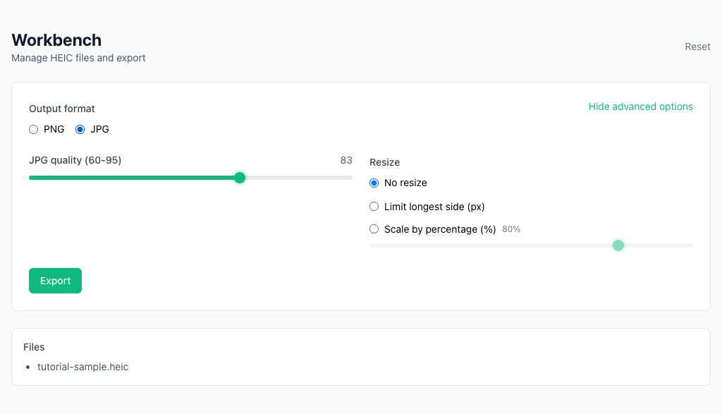 HEIC 轉 PNG/JPG - 在瀏覽器中處理