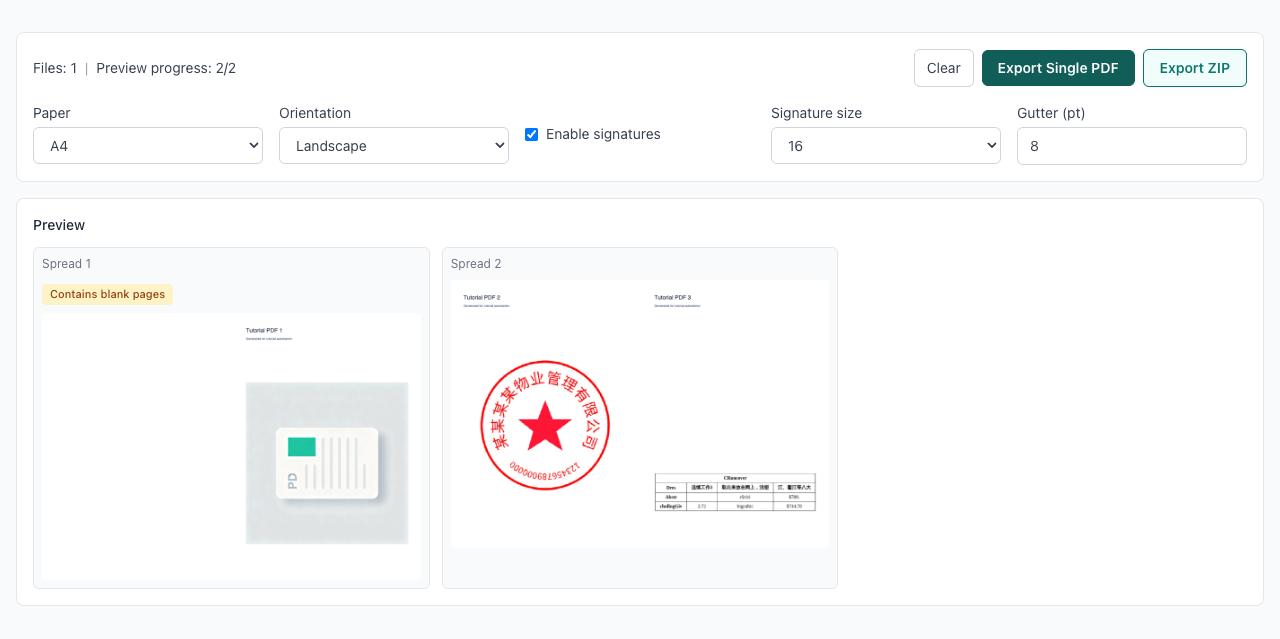 PDF Booklet - Preview spreads and export
