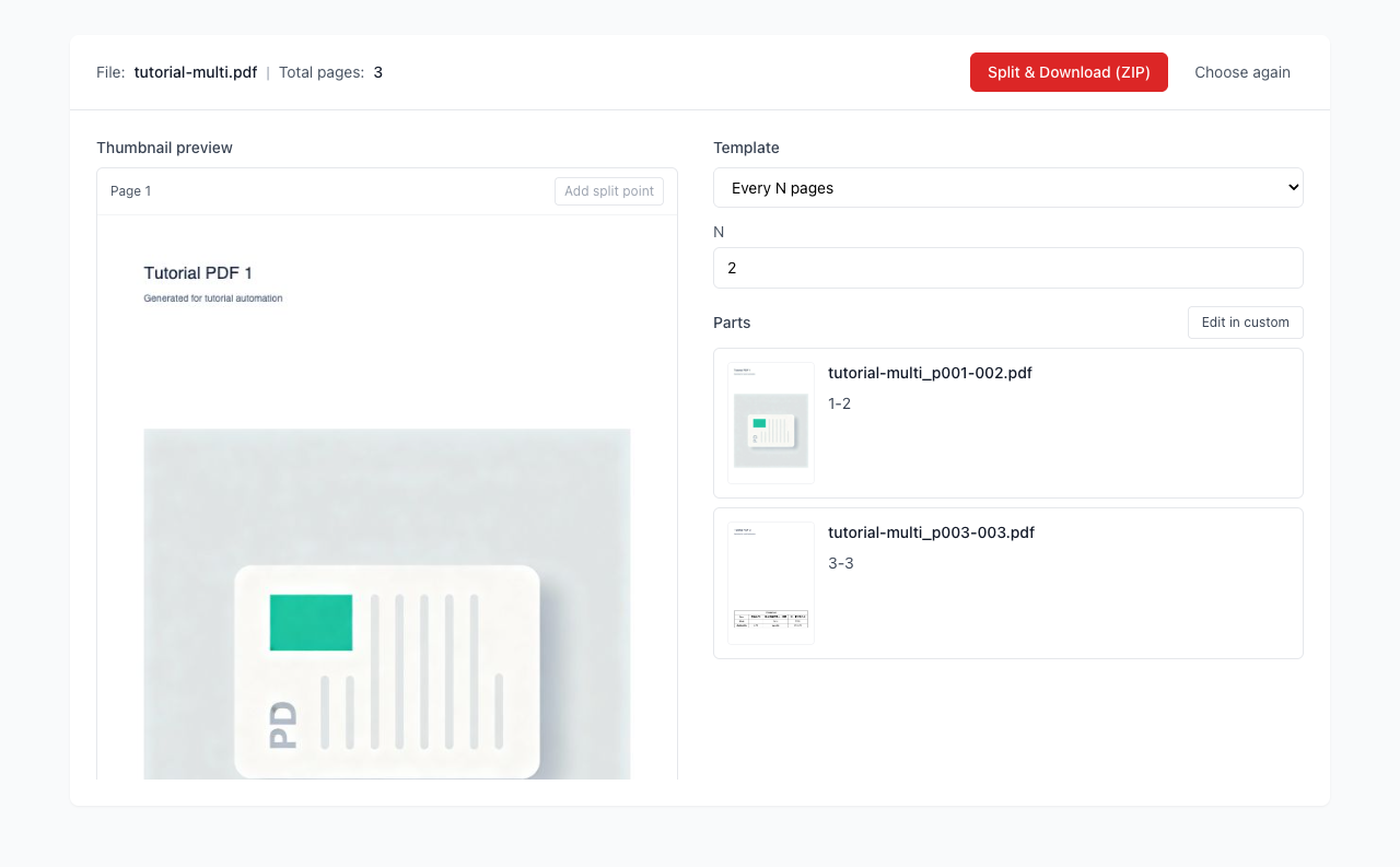 PDF 拆分 - 選擇模板